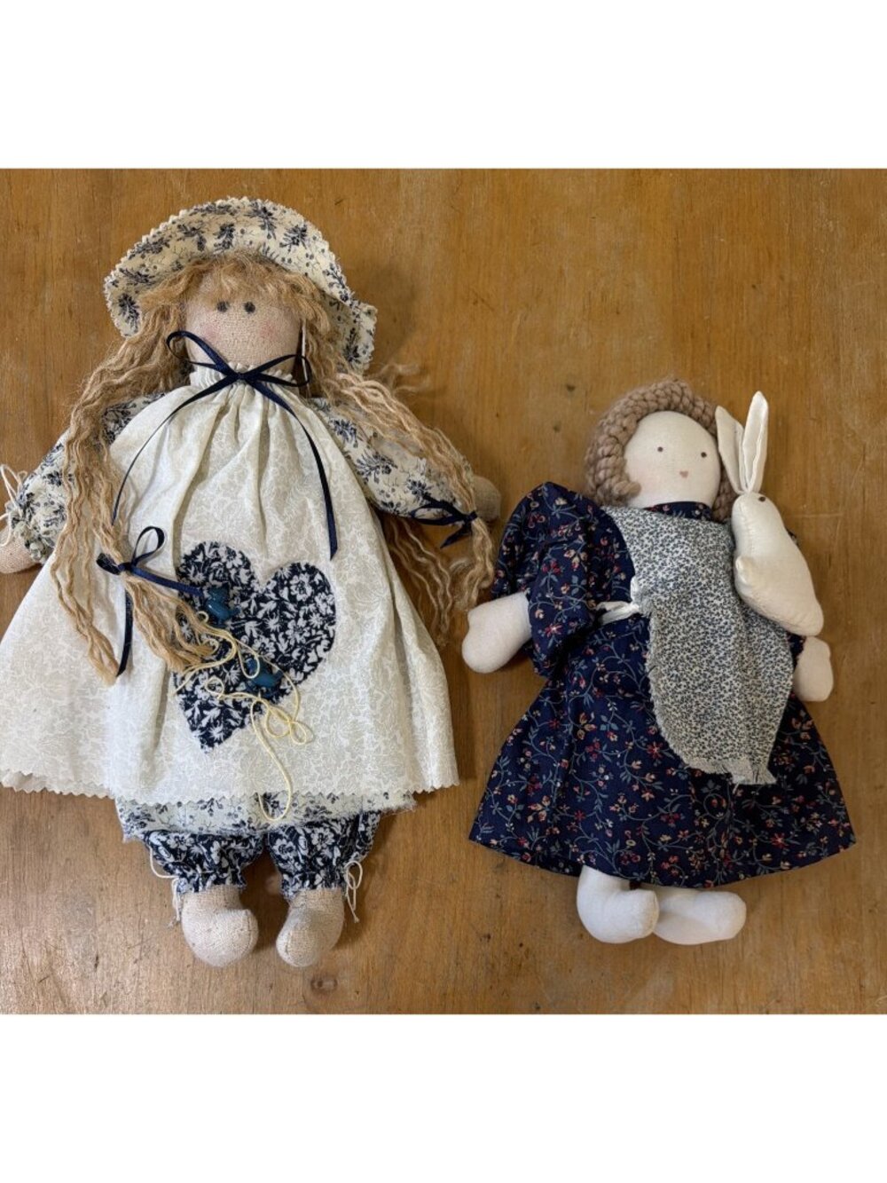 Folk Art Handmade Americana Dolls Country Girl Bunny & Girl With Hat Set of 2